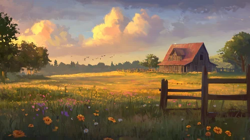 Sunset Field with Barn