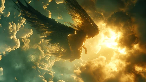 Celestial Angel Soaring Through Golden Skies