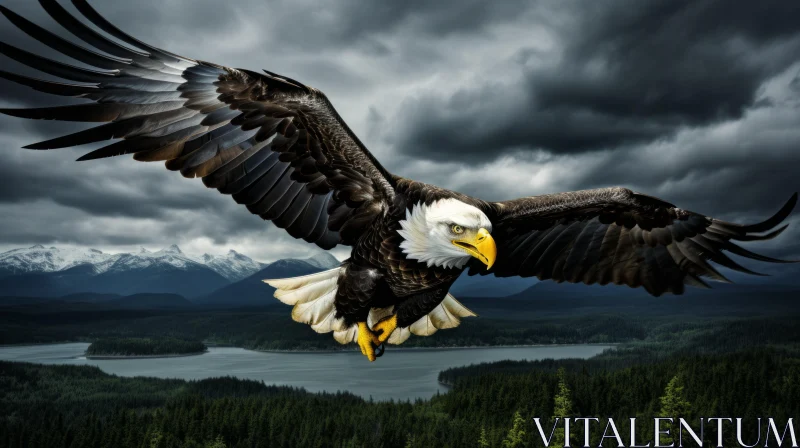 Majestic Bald Eagle Soaring over Mountains and Forests AI Image