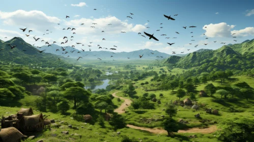 Mountain Valley with Birds in Flight: A Barbizon School Inspired Artwork