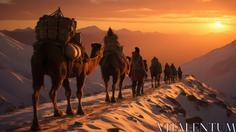 Snowy Mountain Side with People Riding Camels | Historical Perspective AI Image