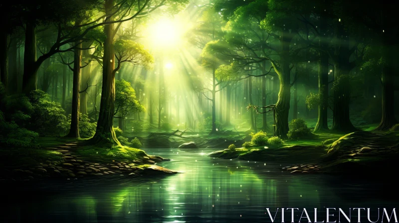 AI ART Sunlit Forest Landscape - Tranquil Nature Wallpaper