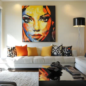 Colorful Female Face Art Above White Sofa