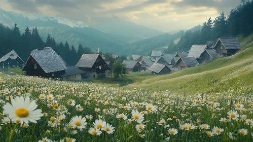 Idyllic Mountain Village Landscape with Flowers