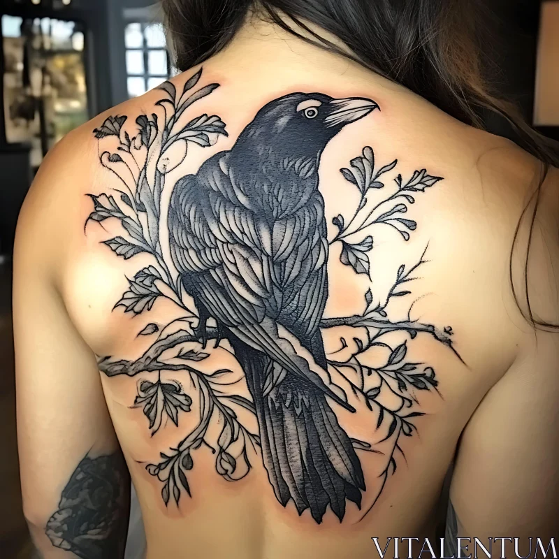 Black Ink Crow Tattoo on Back AI Image