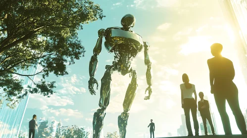 Giant Robot Overlooking Cityscape
