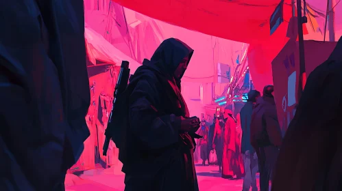 Urban Hooded Figure in Pink Light