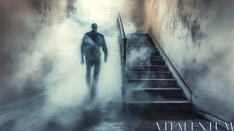 AI ART Mysterious Silhouette Ascending Fog-Laden Steps