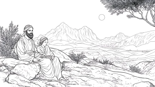 Line Art: Man and Woman in Mountains