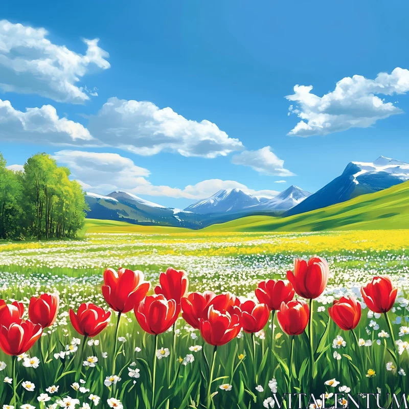 Scenic Tulips Field with Mountains AI Image