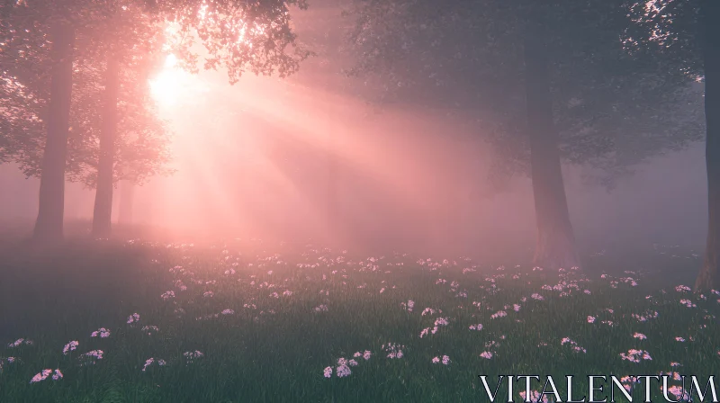 AI ART Gentle Sun Rays in Misty Woodland