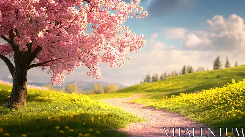 AI ART Pink Blossoms on a Sunny Meadow