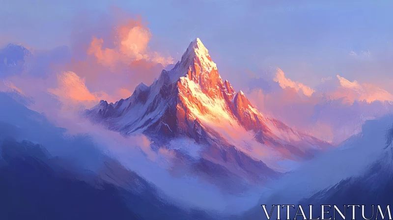 Sunset Over Snowy Mountain Peak AI Image