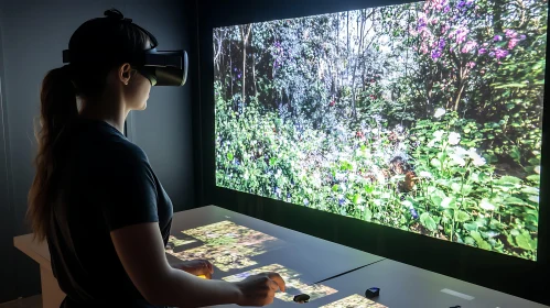 Woman Exploring Digital Forest with VR Headset