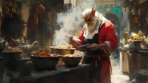 Horned Cook Preparing Food Art