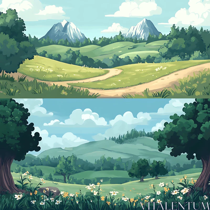 Scenic Mountain Meadow with Trees AI Image