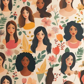 Floral Women Faces Seamless Pattern