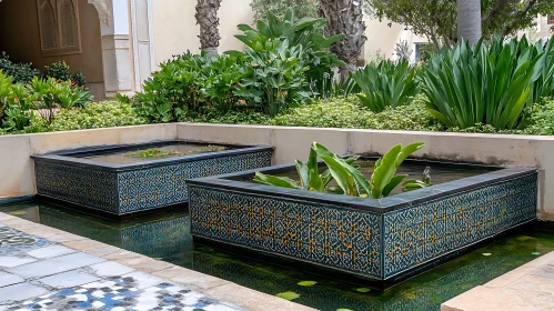 Tranquil Water Garden with Lush Greenery
