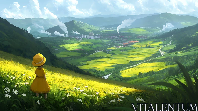 AI ART Girl in Yellow Dress Overlooking Green Valley