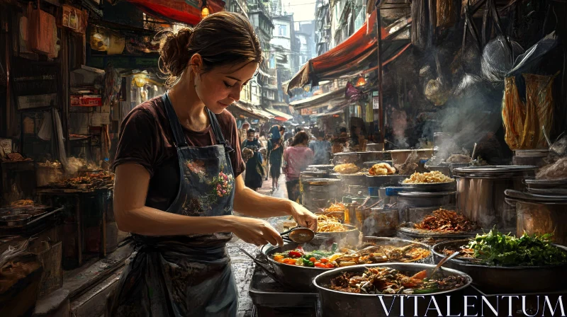 Bustling Market with Chef Cooking Varied Dishes AI Image