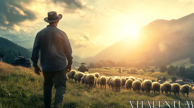 AI ART Rural Sunset with Sheep and Shepherd