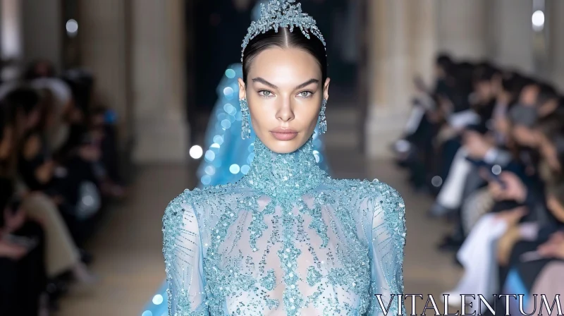 Blue Haute Couture Dress with Intricate Beading and High Collar AI Image