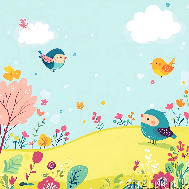 Whimsical Bird and Floral Landscape AI Image