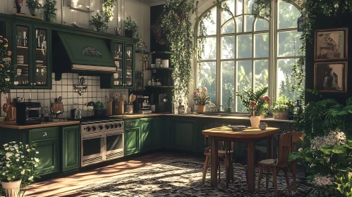 Green Kitchen Interior with Natural Light
