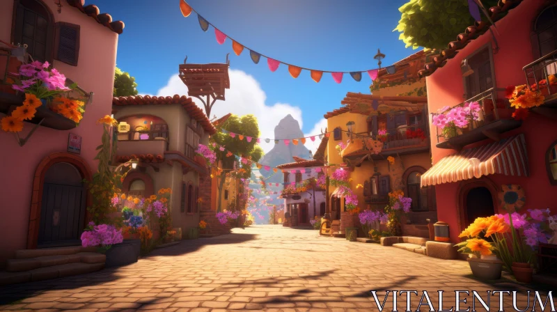 Colorful Fantasy Street Scene in a Hillside Town AI Image