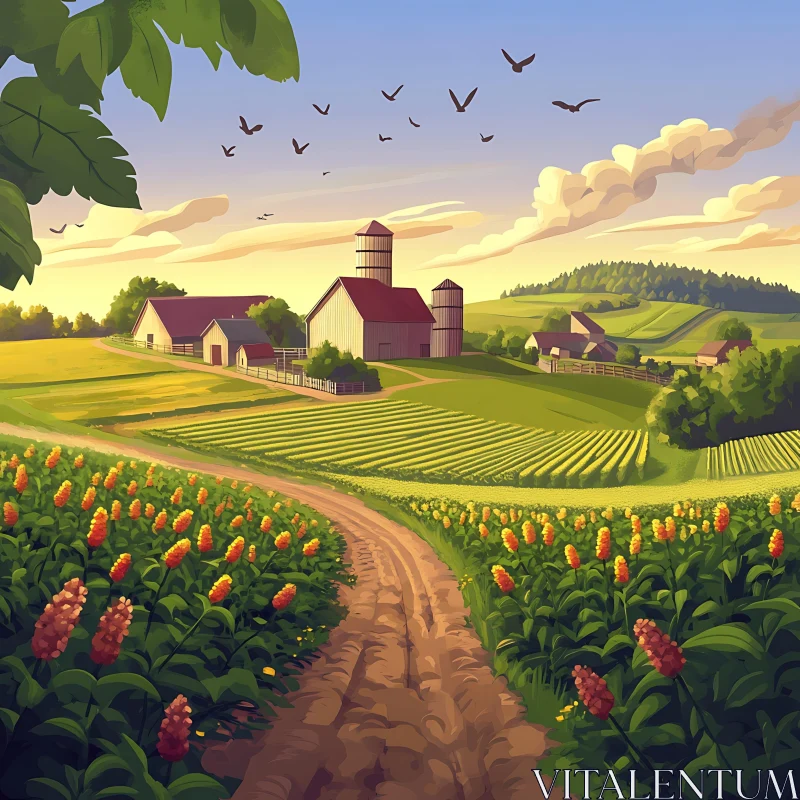 Tranquil Farm Landscape Illustration AI Image