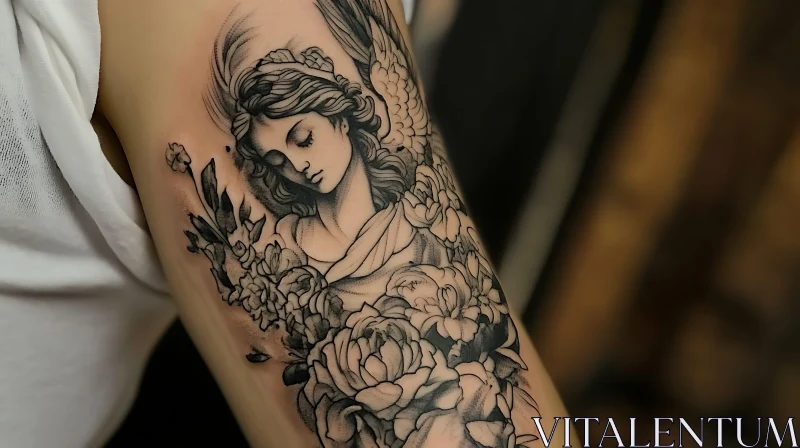 Black and Grey Floral Angel Arm Tattoo AI Image