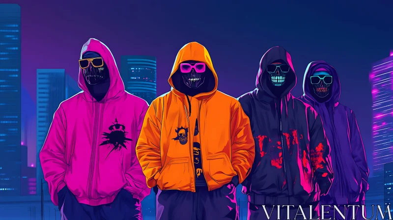 Masked Figures Cityscape Neon Art AI Image