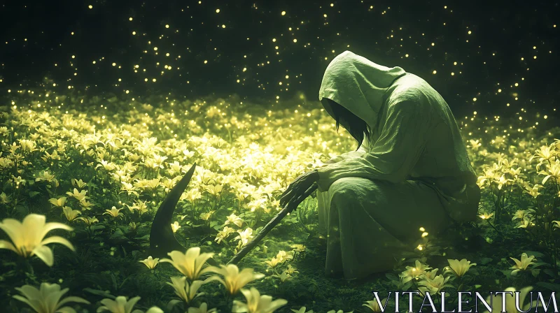 Hooded Figure in Enchanted Meadow AI Image