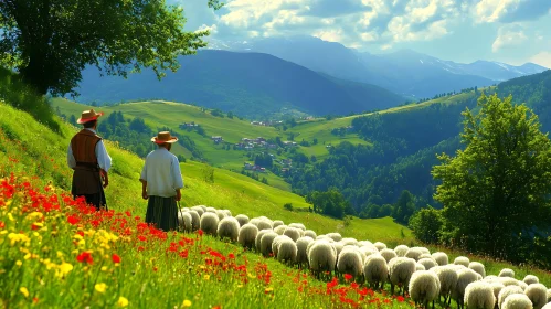 Idyllic Mountain Scene with Grazing Sheep