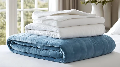 Cozy Blankets Pile: Blue Velvet and White Linens