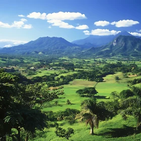 Scenic Mountain Landscape with Green Fields