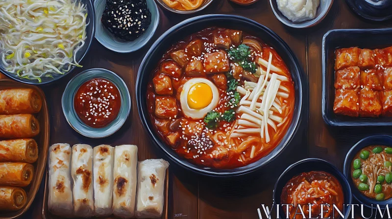 Sumptuous Asian Meal Featuring Noodle Soup and Side Dishes AI Image