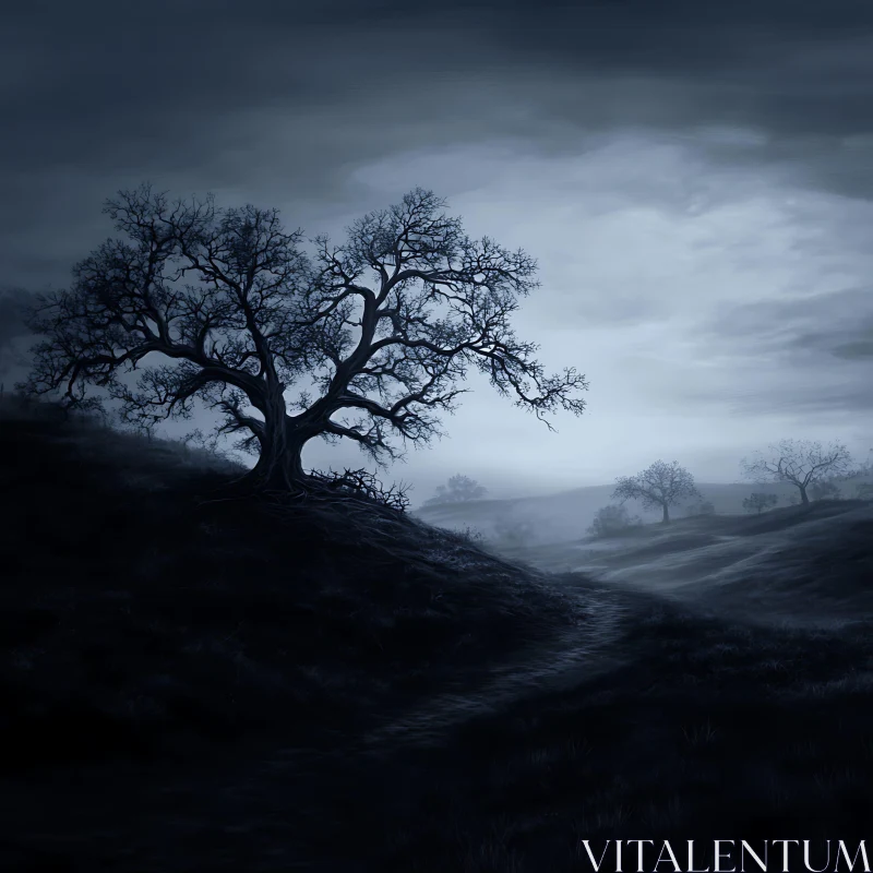 AI ART Moonlit Tree in Misty Landscape