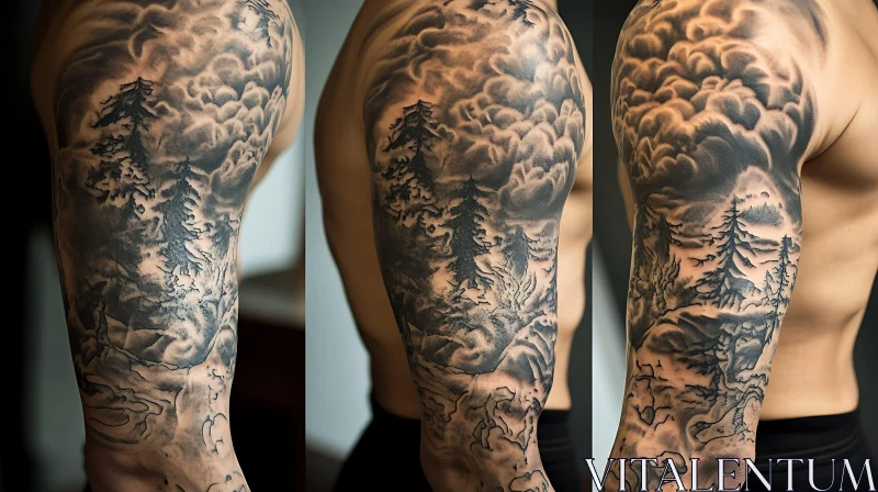 Forearm Tattoo Art with Trees and Cloud Motif AI Image