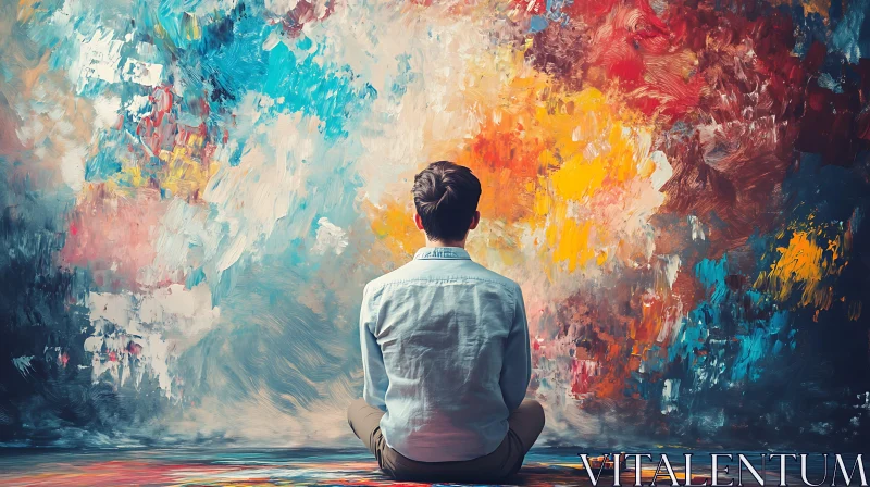 Man Meditating in Front of Colorful Painting AI Image