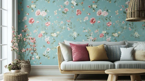 Elegant Room with Floral Wallpaper and Sofa