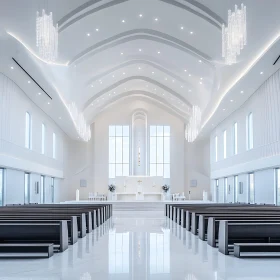 Elegant White Church Interior with Pews