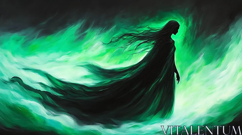 Mystical Woman in Swirling Green Light AI Image