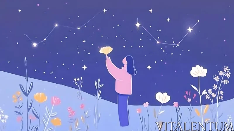 Woman with Flower Under Starry Sky AI Image