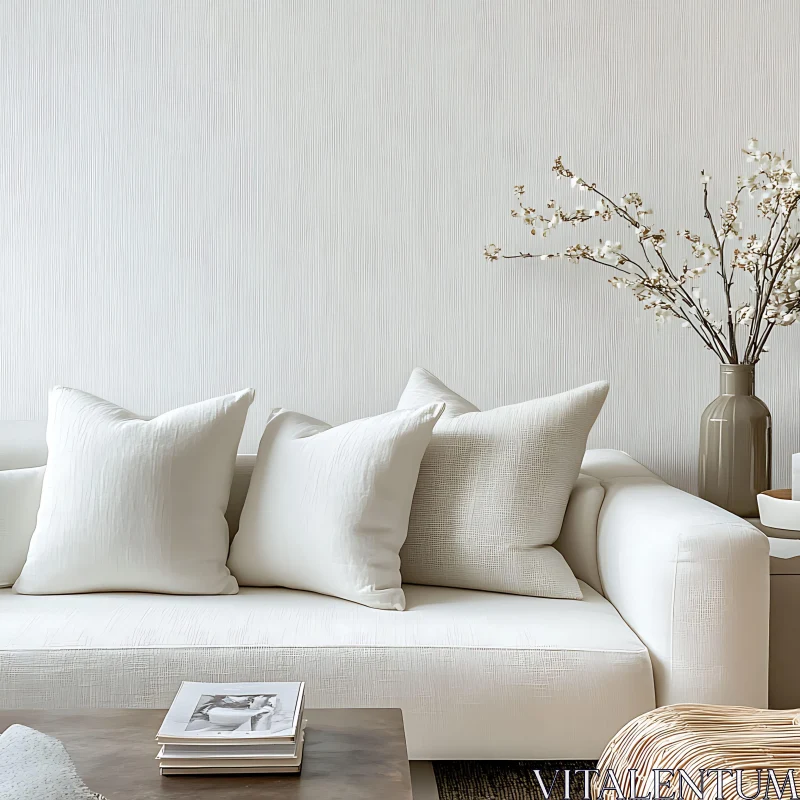 Minimalist Interior with White Couch and Flowers AI Image