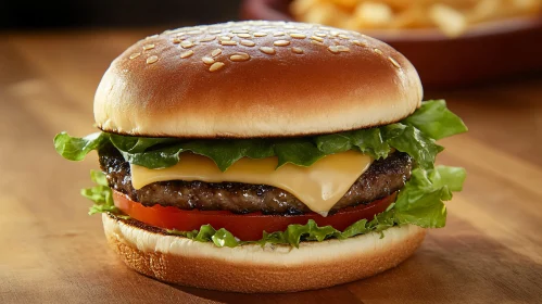 Delectable Cheeseburger on Wooden Table