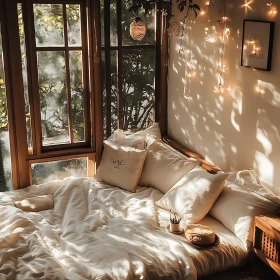 Peaceful Bedroom with Sunlight and Pillows