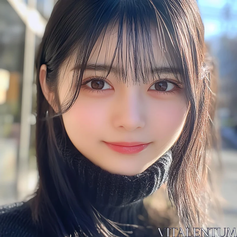 Charming Woman Portrait with Black Turtleneck AI Image