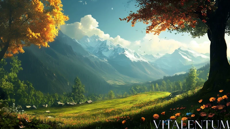 Mountain View with Blooming Meadow AI Image