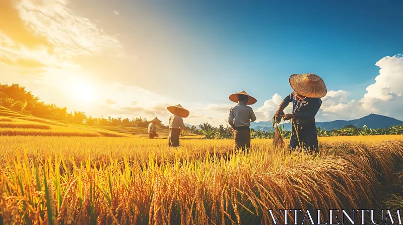 AI ART Farmers Harvesting Rice at Golden Hour